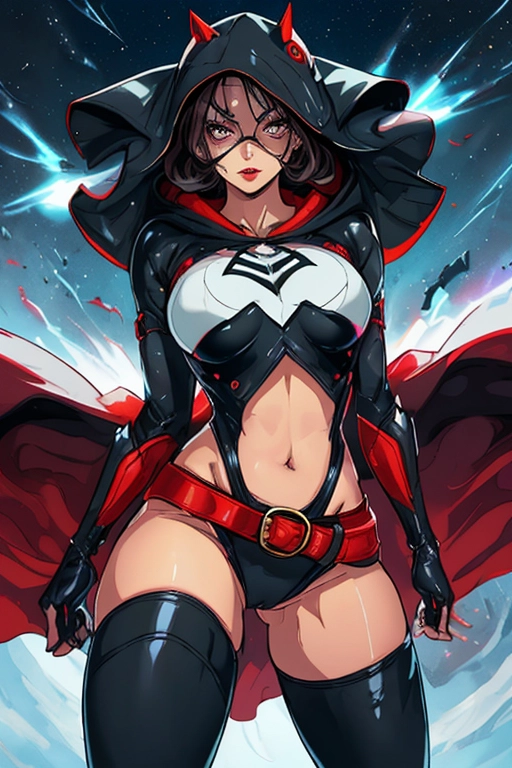 It is a stormy night, we see a beautiful masked superhero flying over us, she is a masked vigilante, she has a hood on over her head, but we can see her medium brunette hair, her upper nose and face is covered by a solid black mask, she has glowing white eyes, we can see her mouth and her full lush red lips, she has a curvy fit figure, she has small breasts, she has a thin waist, her hips are curvy, she has a beautiful thicc ass, she has full thighs, she has small feet, she is wearing a black and pink unitard with a skirt, her thighs are exposed, she is wearing thigh high boots, she has utility pouches and belts on, she has a long cape, her powers are flying and shooting lighting, she is fully sexually aroused, we can see her camel toe, ((high definition)), ((4k quality)), ((excellent lighting)), ((great shading)), ((pristine detail)), ((really clear picture)), ((beautiful vibrant colors)), ((accurate at lower prompt guidence)), ((ultra realistic)), (((five fingers per hand))), (((two arms per person))), (((two legs per person))), (((two hands per person))), (((two feet per person))), ((((100 percent according to prompt))))