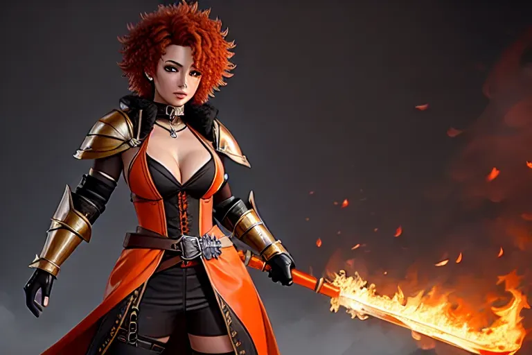 Realistic Concept art of, Ice Spice, as a sexy pyromancer, wearing orange medieval armor, short curly hair,