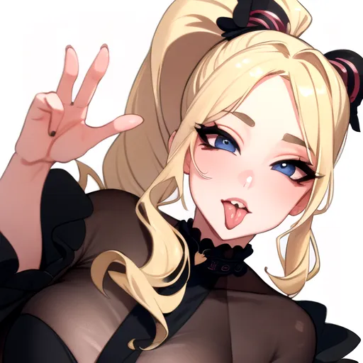 masterpiece, high quality, blonde, tongue out, big eyes, ponytail, high detail face, curved lips, sciamano,