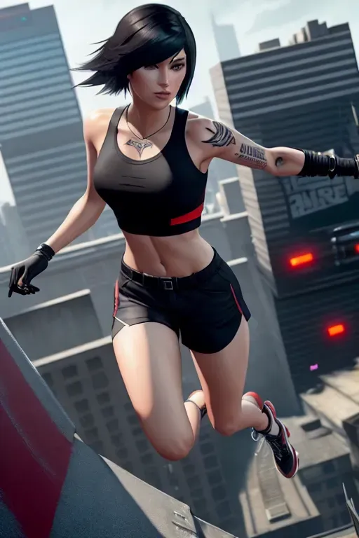 a concept art of, Faith Connors, from Mirrors Edge Catalyst, mixed Asian and Caucasian descend, (wearing black runner top, white runner shorts, red running shoes, black and red left glove), running from police, over rooftops, white city, small breasts, five fingers per hand, (short straight black bob hair), charming face, (black geometric circuit board tattoo on left arm), athletic body, runners physique, beautiful lips, brown eyes, curved eyebrows, textured skin, romantic, bokeh, artstation, surreal, sharp focus, editorial, full body in frame