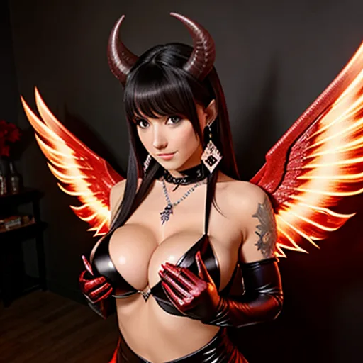 1girl, jewelry, earrings, breasts, horns, solo, red eyes, pointy ears, black hair, smile, tattoo, medium breasts, cleavage, looking at viewer, demon girl, bare shoulders, wings, elbow gloves, gloves, grin, upper body, demon horns, black gloves, makeup, teeth, cleavage cutout, clothing cutout, shiny, medium hair, bangs, demon wings
