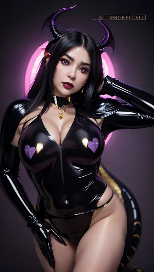 best quality, (((ultra high res))), (detailed face and eyes), hearts, perfect face, heart choker, golden earrings, jewelry, purple glowing heart, (black latex), purple heart necklace, (((succubus))), horns, tail, snake coiling, perfect tits, (huge tits), (golden snake), ((heart nipple patches)), black hair, long hair, latex gloves, latex Arms, Latex bodysuit, latex chest, Latex decollete
