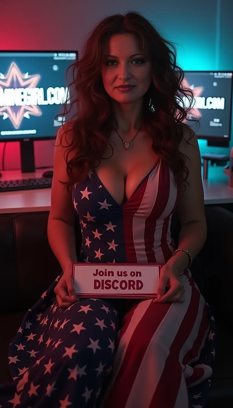 48 year old, long wavy very curly messy hair, realistic woman, realism, hyper-realistic,
wavy brunette hair, styled hair, feminine curvy figure,
very large droopy tits, cleavage, wearing an American flag inspired maxi dress, full body view, feminine legs, sitting sensually on a couch in front of a computer at a computer desk, one computer screen has 'DOPAMINEGIRL.COM' written on it and she holds a sigh in her lap that reads 'Join us on DISCORD', LED back lighting, sultry smile, moody and dramatic lighting,