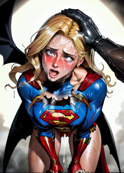 drugged, innocent face, cute female, extremely fit Lili Reinhart, ((Dressed as DCs superwoman)), long blond hair, extremely accurate face, (big perky breasts), (small nipples), ((wearing a torn up supergirl costume)), ((top unbuttoned opened to expose breasts)), ((bottoms unbuttoned exposing pussy)), slightly open mouth, sweat on lips, sweat on chin, sweat on neck, sweat on chest, sweat on stomach, antagonizing viewer, full body, accurate highly detailed face, ripped and torn clothing, wet pussy, sixpack abs, (((( sweat all over her face)))), ((sweat on face)), sweat on small breasts, sweat in hair, female orgasm, six pack abs, muscle girl, ((getting fucked by Batman with kryptonite)), <lora:red_tint_cheeks:1> <lora:slap_mark:1> dpmg_side_deepthroat_v1 <lora:headpat:1>