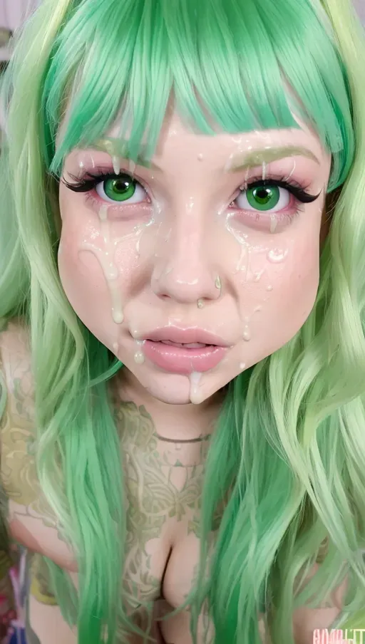 A girl receiving a massive facial cumshot from multiple dicks, 1girl, multiple dicks, many dicks, loads of cum, masterpiece, high resolution, Drenched in cum, cumshot, big breasts, green hair