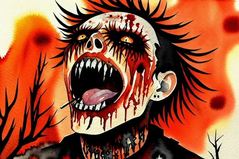 watercolor painting of screaming man, decayed, red, orange, black, gross, burning forest, nightmare
