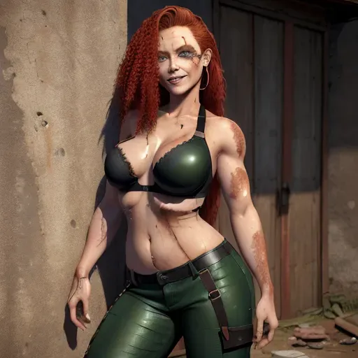 Cacis is a young, slightly plump, girl with a small chest and buttocks, long dark ginger unkempt hair, sparkling green eyes. She has various more or less deep scars all over her body. She has many bloody scars.
She wears a cargo loose black leather pants and a purple sport bra. She is barefoot. She smiles