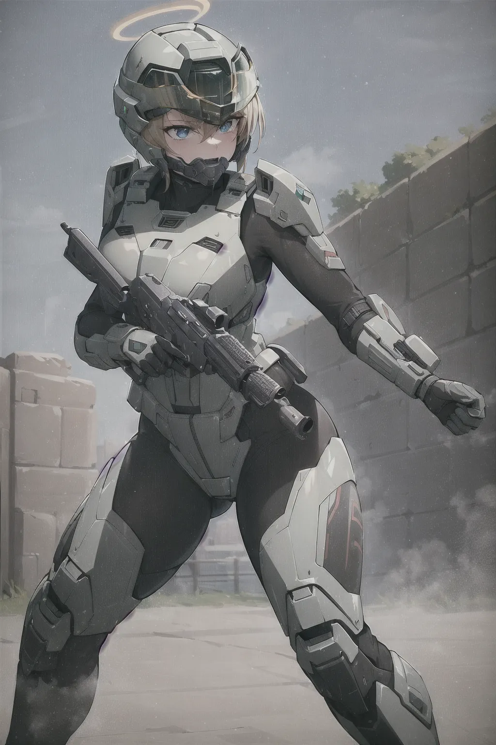((masterpiece)), halo spartan, helmet on, female, sexy, best quality, in a battlefield, action pose, fighting