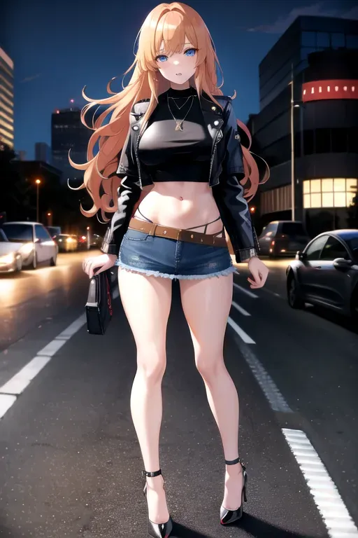 full body, strawberry blonde hair, hazel eyes, short girl, denim miniskirt, black high heels, looking at viewer, long hair, pale skin, silver necklace, black crop top, 24 years old, giant breasts, cute face, pov, wavy hair, city environment, Oklahoma City, wide eyes, erotic, skirt tug, leather jacket, nighttime, black backpack, slim body