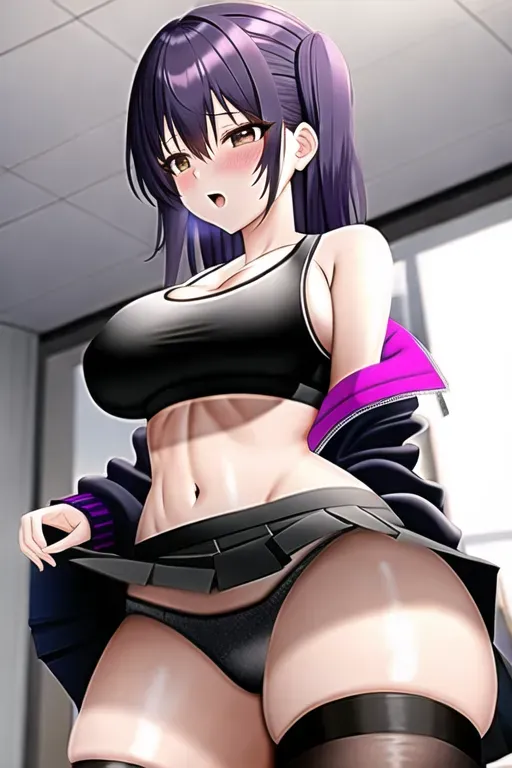 Big boobs, big thights, small waist,sexy, sports bra,goth, purple hair, black panties, school girl, very short skirt, flashing panties
