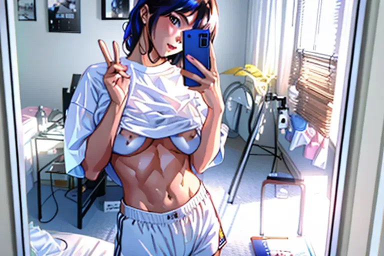 a realistic image of a girl taking a selfie in the mirror with a white t-shirt and blue boxer shorts. the shirt is lifted to reveal her abs, peace sign with right hand, , underboob, big boobs