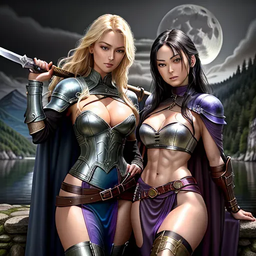 High fantasy setting (Dungeons and Dragons), two women (Olivia Wilde with fussy blonde hair and blue eyes) (Yunjin Kim with straight short black hair and black eyes) (accurate faces), both women are wearing leather and metal armour, sexy clothes in blue and purple theme, long cape, skirt to knees, high leather boots, medium natural breasts with large cleavage and erect nipples, toned and slim body, abs, slender arms and legs, small ass, exposed midrif, narrow waist, looking sexy with a sensual expression, very beautiful face, very beutiful eyes, thin and curved eyebrows, standing with arched back in a sexy pose, erotic smile, holding dagger or sword in one hand ready to attack or defend, looking at the viewer,
castle on a cliff next to a lake and forest in the background, full moon, moon light,
two arms, two hands, five fingers, detailed fingers, two legs, two feet, remove third hand, check eye configuration, check hand configuration,
<lora:dpmg_add_detail:0.4>, vivid colors, cinematic composition, artificial light, UHD, HDR, highest quality, highest resolution, (photorealist), (photorealism), (masterpiece:0.4)