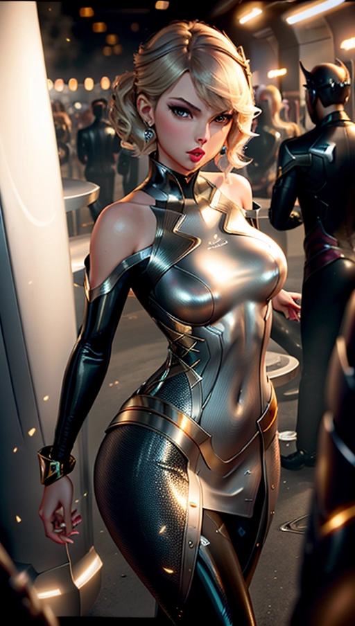 taylor swift,silver gold skintight latex dress,natural breasts,five fingers per hand,short blonde hair,beautiful face,beautiful lips,curved eyebrows,curved eyelid,textured skin,satisfaction,unreal engine,bokeh,sharp focus,<lora:dpmg_lol_irelia:1>