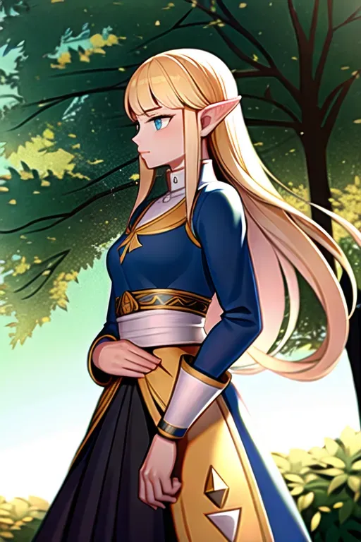 <lora:dpmg_princess_zelda:0.6>, 1girl, bangs, blonde hair, breasts, bridal gauntlets, closed mouth, expressionless, from side, green eyes, highres, jewelry, long hair, long sleeves, nintendo, outdoors, own hands together, pointy ears, ring, small breasts, solo, standing, the legend of zelda, tree, triforce print, upper body, blue shirt and black pants