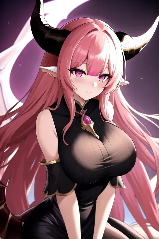 Best quality, dragon girl, big horns, big breasts, multicolored long hair, pink eyes, black dress