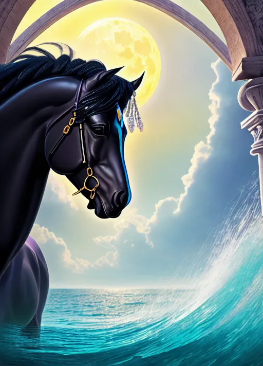 SELENE LUNA MAGIC NO SEX
Photo realistic highly detailed image, absurdres, (3D), (depth of field), heavenly lighting and shading,
Selene riding bareback on a (white Palomino),
Accompanied by perfect (white palomino horse),
Selene-Luna Greek-Roman Moon goddess with perfect black hair and violet
eyes, roundish angelic face, small cute nose,
Translucent white goddess robes, gold Celtic jewellery, wearing golden circlet,
Full moon forms a halo behind her,
((good-hands-5)),
((Perfect hands)),
(perfect fingers),
((5 perfect slender
fingers on each hand)),
Golden Greek-Roman temple on the seashore,
emerging from the sea,
aquamarine sea with large white waves,
((Selene Looking directly at camera),
(walking towards camera)),
Glorious,
Night time,
large highly detailed accurate full moon rising,
gradient cosmic night sky,
Smiling perfect Face shows passion desire love,
Transcendental, deity,
((Photorealistic)), (3D), (masterpiece), (((oil painting))),
absurdres, smooth, soft lines, soft edges, perfect edges, (soft lighting),
(soft glow),
detailed background, (perfect
anatomy), hair with great details, perfect eyes, perfect face, perfect textures,
perfect Angelic face
Highly detailed realistic beautiful BLACK hair
highly detailed realistic VIOLET eyes with luscious long eyelashes,
highly detailed perfect trimmed eyebrows,
Heavy black mascara, heavy black eyeliner, heavy violet eye shadow.
closeup, dramatic lightning, back-lighting, sunlight, god beams, god rays, (depth of field), deep rich saturated colours,
(seduced), (small breasts), breasts, nipples, beautiful,
(sensual), (erotic), (romantic, passionate, ((aroused)), fondle,
fairies, magic, ethereal, medieval, (ancient temple),
(mystical elements), (magical elements), flowers in hair, (sheer fabric), draping fabric, (wet fabric), wet, (see-through fabric), rose vines, wildflowers, water,
Turquoise and aquamarine sea