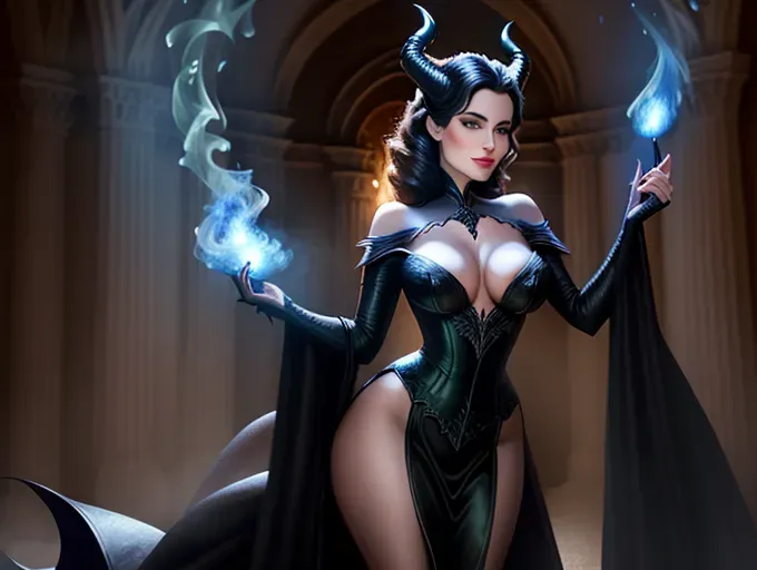 maleficent standing in the middle of a ball dressed in a formal dress, angelina joline face, dark raven hair, dark green eyes, sharp cheeks, full lips, smirking, curvy, nice breasts, thin waist, public hair, pussy, aroused, castle study setting, high definition, excellent lighting, 4k quality, looking horny, dominant, sassy, middle age woman, fully dressed, hand towards camera, fully clothed, surrounded by blue fire wisps, castle ball setting, smiling, wide shot