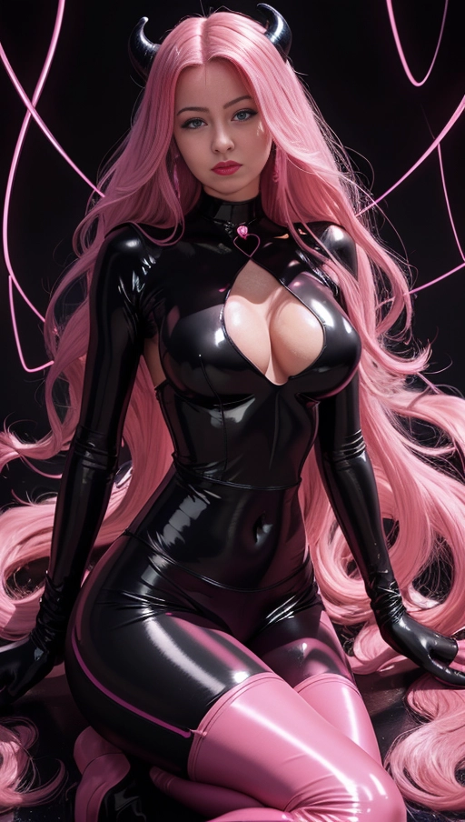 best quality, (((ultra high res))), (((detailed face and eyes))), ((perfect face)), (big shining heart choker), earrings, jewelry, (conjuring), witch, ((very long voluminous hair)), ((((Bordeaux hair)))), ((((black skintight neckholder)))), ((((pink lipstick)))), ((black long sleeves)), ((glowing heart)), (((demon mark))), ((((straight hair)))), (((Kylie Jenner))), (((((very very long Bordeaux hair))))), (((perfect face and eyes))), (((straight hair))), ((black leggings)), (black latex suit), ((succubus)), demon horns , (((huge cameltoe))), black gloves, dark background, (((strands))), (((pink glowing lines)))