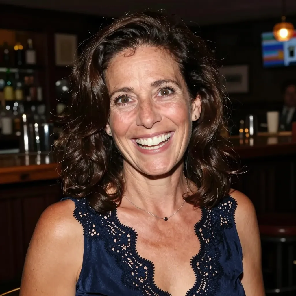 A medium-shot portrait of a smiling middle-aged Caucasian woman in her 40s, captured in a dimly lit indoor social setting, likely a bar or restaurant. She has shoulder-length, dark brown, wavy hair styled with volume, framing her face. Her expression is wide and joyful, with her mouth open in a bright, genuine smile, showing her teeth, and her eyes wide with a spirited, friendly gaze. She is wearing a dark blue, sleeveless top or dress featuring delicate, intricate black lace trim along the neckline and shoulders, which adds a subtle texture to her attire. A thin, simple silver chain necklace with a small pendant rests on her collarbone. The lighting is characteristic of an evening event, with a warm, slightly artificial glow reflecting off her skin and highlighting the shimmering fibers of the lace. The background is softly out of focus, hinting at a wooden bar counter and blurred interior elements, creating a casual, authentic atmosphere. The perspective is slightly elevated, typical of a candid selfie, conveying a relaxed and sociable mood.