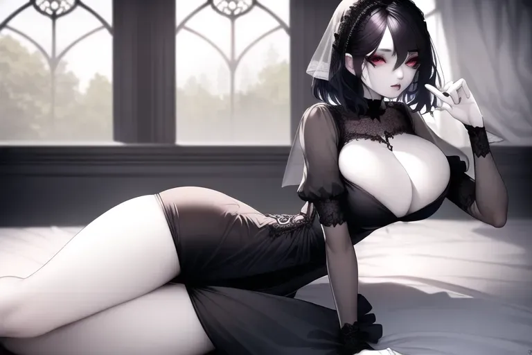 high quality,high resolution,detailed,very short,gothic hair covering eyes,pale,bedroom,gown,hourglass,tiny belly,tiny waist,massive hips,massive thighs,massive tits,perky nipple,sit forward,hand over breast