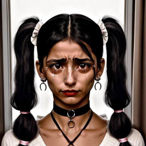 Petite adorable 18 year old Roma girl with pigtails and choker tied up and crying with noose around neck