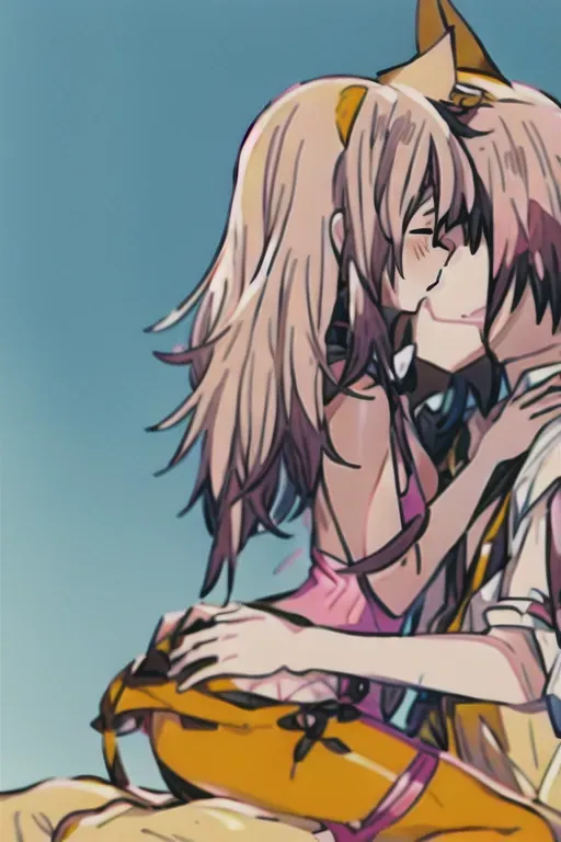 ghibli style ,boy and catgirl kissing , blushing , mouth to mouth, 1 boy, brown colored hair on boy ,spikey styled haired boy, male wearing yellow airbender clothes, 1catgirl, catgirl posh style , catgirl hairstyle white short bobcut with white cat ears, only cat type ears, pink catlike eyes, catgirl on right dressed in white plain clothing with pink bow, bow, elegent long white gloves, masterpiece, best quality, ((masterpiece))((masterpiece)) <lora:dpmg_ghibli_style:0.92>
