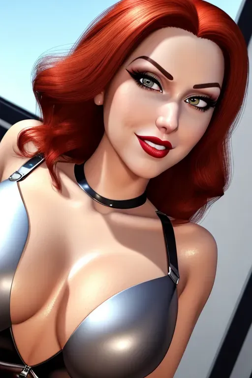 an ultra realistic photo of Elastigirl, redhair, oversize eyes, doe eyes, lustful gaze, smile, skintight suit, cleavage, shiny lipstick, big lips, sexy pose, high quality