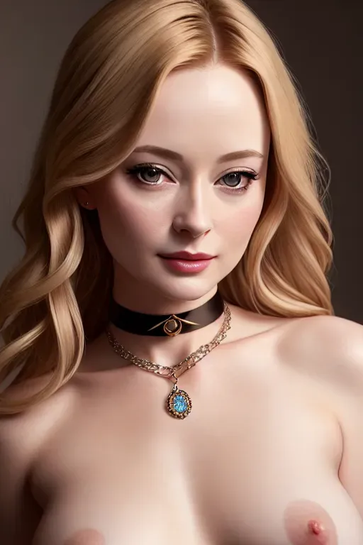 a photograph of, Miranda Otto,blonde hair, small breasts,five slender fingers,silky hair,charming face,beautiful lips,brown eyes,curved eyebrows,pale skin,erotic,wearing necklace,highly detailed,bokeh,ultra realistic,professional,studio lighting, nude breasts, choker