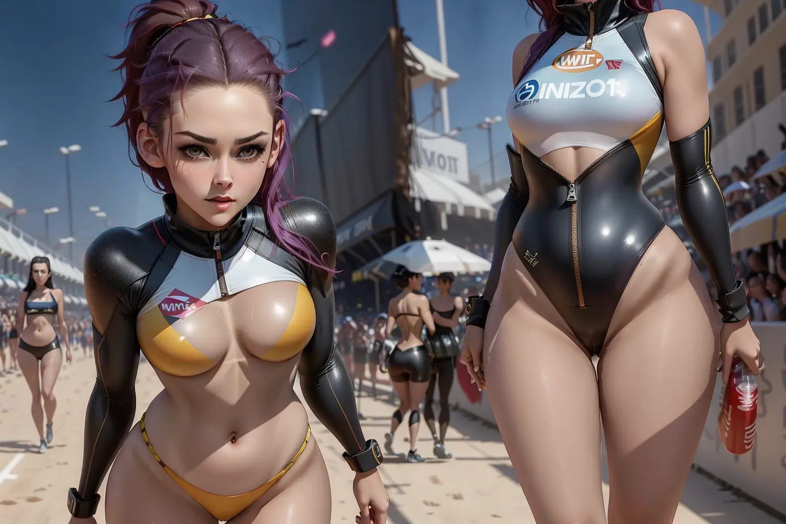 a concept art wide shot of, (Kristen Stewart)( completely accurate face), (flirtatious mischievous aroused exotic)(as a race queen), full body, at a racetrack, (sun tanned)(wearing an unzipped sleeveless legless backless latex wetsuit)(Cleavage)(wet hair),(very short fauxhawk)(wispy hair side tendrils)(athletic physique), playful standing pose, small breasts,five slender fingers,beautiful face,beautiful lips,detailed large eyes,curved eyebrows,cgsociety,natural lighting,studio lighting,professional,editorial, (oily skin tanning oil glistening)(tan lines),<lora:dpmg_fingering:0><lora:dpmg_upshirt:0><lora:dpmg_middle_finger:1><lora:dpmg_photo_compare:1>