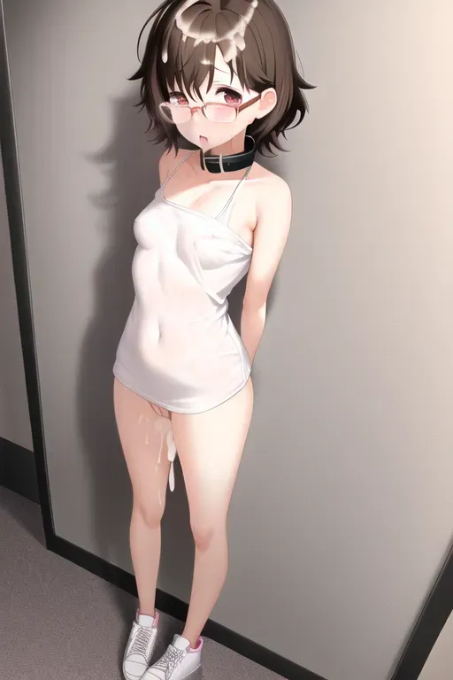cute girl, ((full body)), short hair, ((messy hair)), brown hair, (((round glasses))), ((black glasses)), cute face, soft body, skin, excessive cum in pussy, excessive cum in hair, ((highly detailed)), medium breasts, five slender fingers, (((no muscles))), (((small breasts))), pink eyes, curved eyelid, pale, cum on body, excessive cum in mouth, ((tv head)), bathed in cum, excessive cum, fully naked, (((no clothes))), (((rape))), collar, ((covered in cum)), excessive cum on face, excessive, excessive cum in nose, (((crying)))