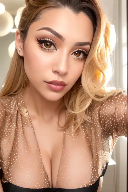 a young Hispanic woman posing for a selfie She has shoulder-length curly hair that appears to be blonde Her makeup is prominent, featuring well-defined eyebrows, winged eyeliner, and mascara highlighting her eyes Her lips are painted with a matte lipstick, and the shade is a neutral or nude color
She is wearing a dark, polka-dotted top or dress with a deep V-neckline that reveals a bit of cleavage The lighting in the room is soft and ambient Her pose is slightly angled with her left hand raised to her head, seemingly adjusting her hair The background is indistinct but seems to be an indoor setting. Her expression is neutral to slightly pensive, and she is looking directly at the camera