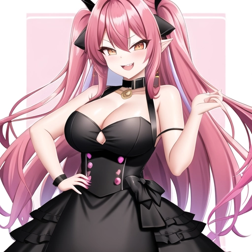 Dragon girl, black dress, pink hair, multicolored hair, smug face, showing cleavage