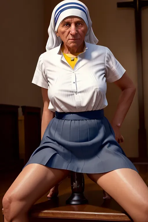 An 8k resolution photograph of younger Mother Teresa, showing pussy, riding a dildo, <lora:dpmg_riding_dildo:1>, grey hair, yellow eyes, church confessional, blue skirt, white shirt, no panties, wood floor, indoors, simple background, big saggy tits, tits out, detailed realistic face, detailed wrinkled skin, vaginal penetration, unbuttoned shirt