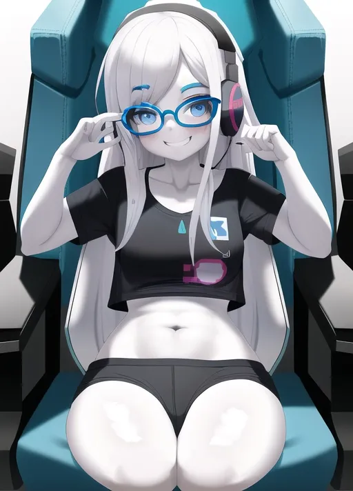 gamer girl, cheeky smile, big eyes, pale white skin, wearing glasses, sitting in gamer chair, wearing headphones, wet sports bra, looking at you, cute face, blue eyes, messy dyed hair, high quality, bohkeh effect