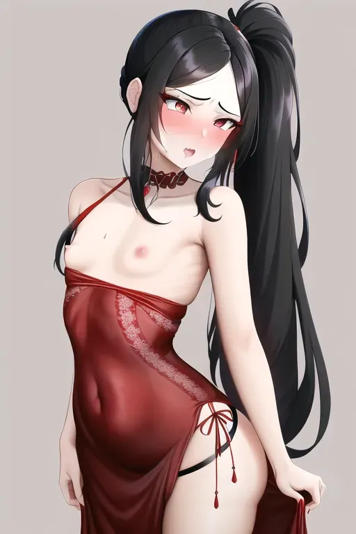 Beautiful woman with long black hair in ponytail, masterpiece, best quality, (((small breasts))), detailed vagina, ((sexy red dress)), symmetrical eyes, wet pussy, embarrassed, (orgasm), (acrobat stretching)