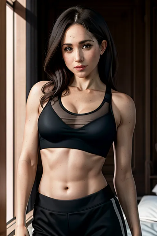 A 8k high resolution photo of,a kinky mature gilf
Meghan Markle
(sports bra), thong, blacked, masterpiece, best quality, highly detailed