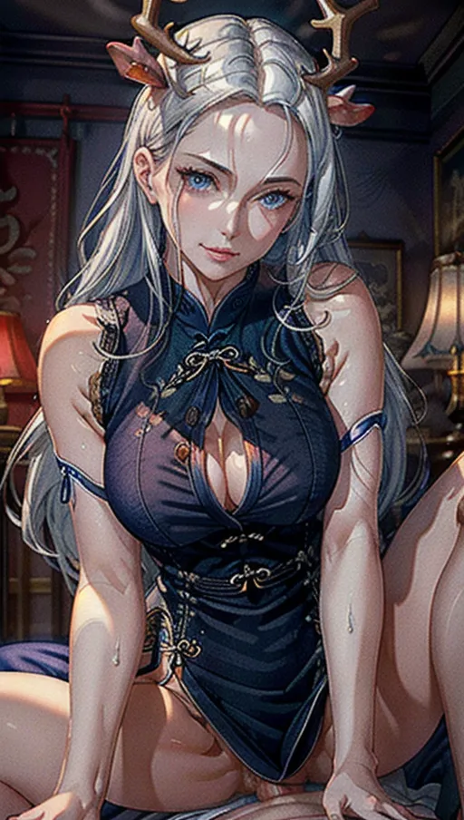 Best quality, high res, 1 adult woman, (a breathtaking masterpiece of extremely close up detailed shot of a fierce adult woman with long flowing white hair and antlers on head on a having sex on bed with a navy blue qipao, expressive and hunched over cow girl pov), (long flowing white hair, antlers on head, intricate and flowing navy blue qipao with buttons at the middle, garter with white stockings:1.2)
(extremely detailed scandinavian face with fierce expression looking at viewer:1.36), (extremely detailed blue eyes narrowed from the pleasure:1.32), (extremely detailed full lips with a kind smile:1.22), (perfect hands, perfect arms, correct human anatomy), ((ethereal)), (extreme close up portrait, zoomed in detailed shot of face:1.22), big veiny penis in pussy,
abstract feel, high contrast, (ethereal, erotic, fierce and alluring), partially undressed, dark abstract lighting, fierce and alluring, calm, serene feel, sensual pose,
(candid:1.1), soft focus, beautiful soft natural lighting, (flat shading stylised art:1.27), <lora:dpmg_add_detail:1>, (physically-based ray tracing, photon mapping, photorealistic:1.25), (high resolution masterpiece, 4k, HDR, UHD:1.35), (traditional chinese architecture), 4k, HDR, UHD, vivid colours, <lora:dpmg_pov_cowgirl:1>, (perfect pussy dripping with cum, glistening with sweat)