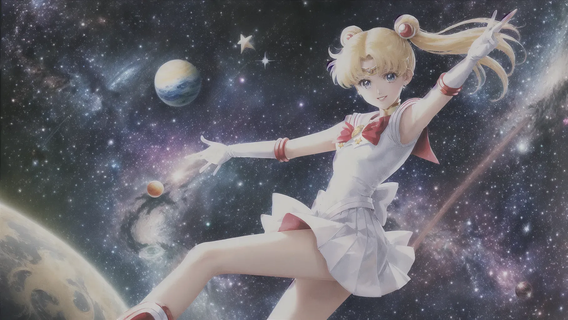 high res digital concept art of Sailor Moon with cosmic space background of stars and planets. She looks happy and cute, detailed face, detailed fingers, red boots, white shirt, ribbon on chest, blonde hair, long legs