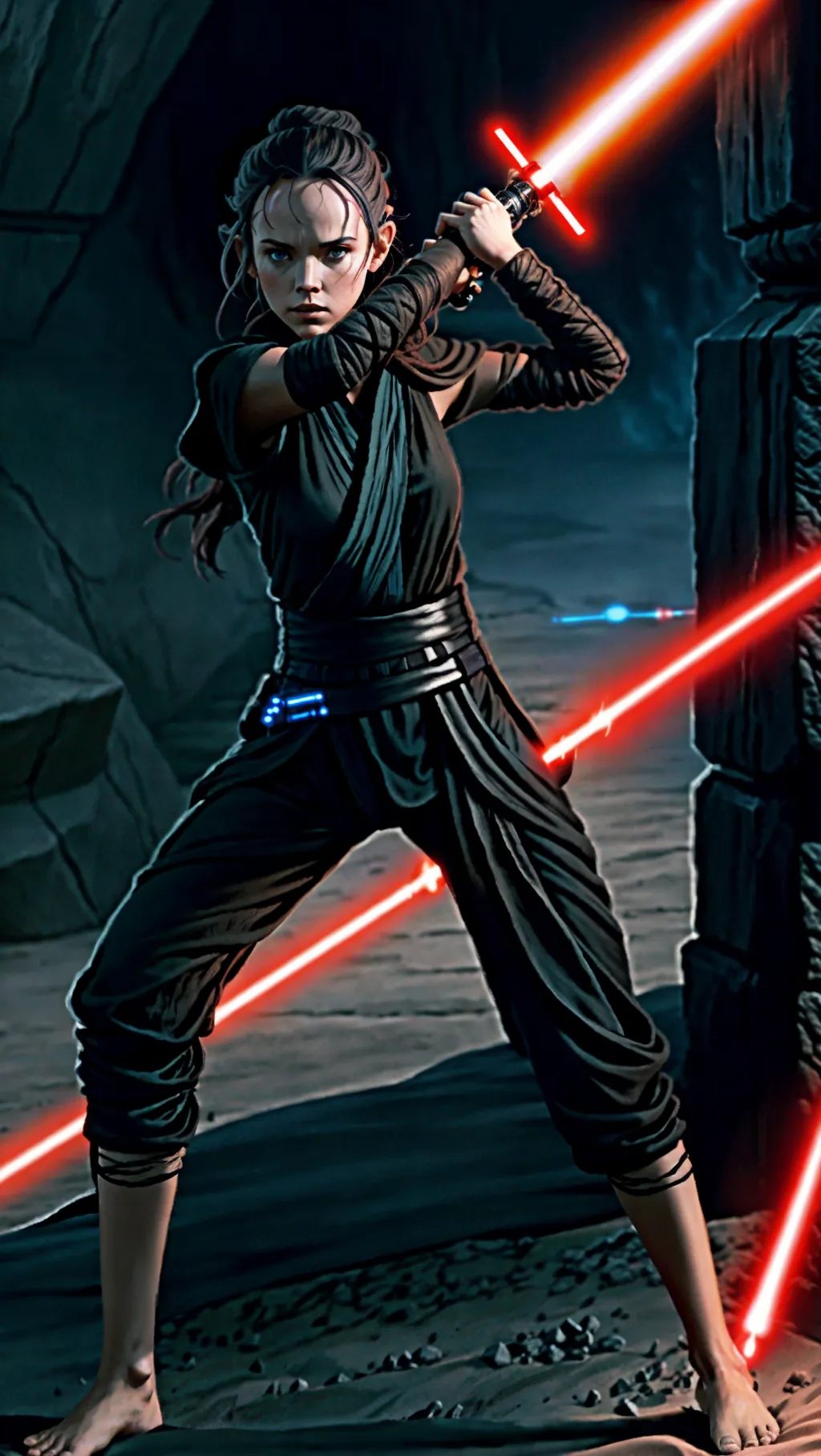 tan barefoot Sith Rey Skywalker wearing black Sith outfit while using a lightsaber to fight on the Death Star, barefoot, (long dark Sith warrior pants: 1.3), (tan skin: 1.2),