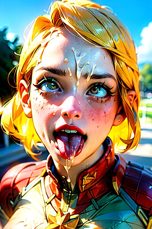 <lora:dpmg_ahegao:0.9>, (closeup),full body, eyelashes, woman,ahegao, captain marvel, ((bukkake,facial,cum)), parted lips,(shiny skin:1.1),blush,(outdoors), photo referenced,best quality, ultra high res, (photorealistic:1.4), (detailed face and eyes),realcumAI, cum on tits