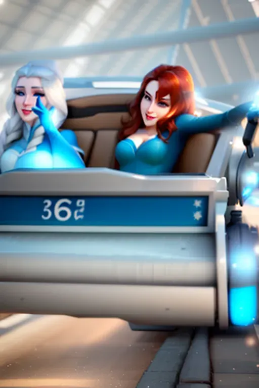 two figures, low angle shot,
medium shot, front view, at an amusement park, sitting in the front seat a thrilling moving wild roller coaster,
innocent sweet, Anna of Arendelle 37 years old, Nordic, dressed in green modest attire, large natural round blue eyes, small frame rectangle green sunglasses on the end of her nose, long auburn hair, sweet face, warm smile, beautiful lips, soft curved eyebrows, smaller modest breasts.
Elsa of Arendelle, sister, slightly taller, slightly older, blue attire, long platinum hair, playing frisbee with Anna.
five fingers per hand, ultra realistic, pixiv, unreal engine, bokeh, reduced saturation, adult