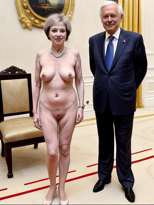 A naked mature lady prime minister poses with a foreign dignitary while naked during an official state function and hoping that everyone will admire her exposed and creamy pussy.