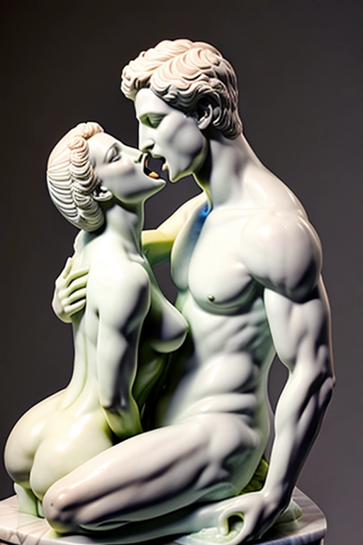 erotic art illustration rendered as a marble statue of a woman performing oral sex on a man