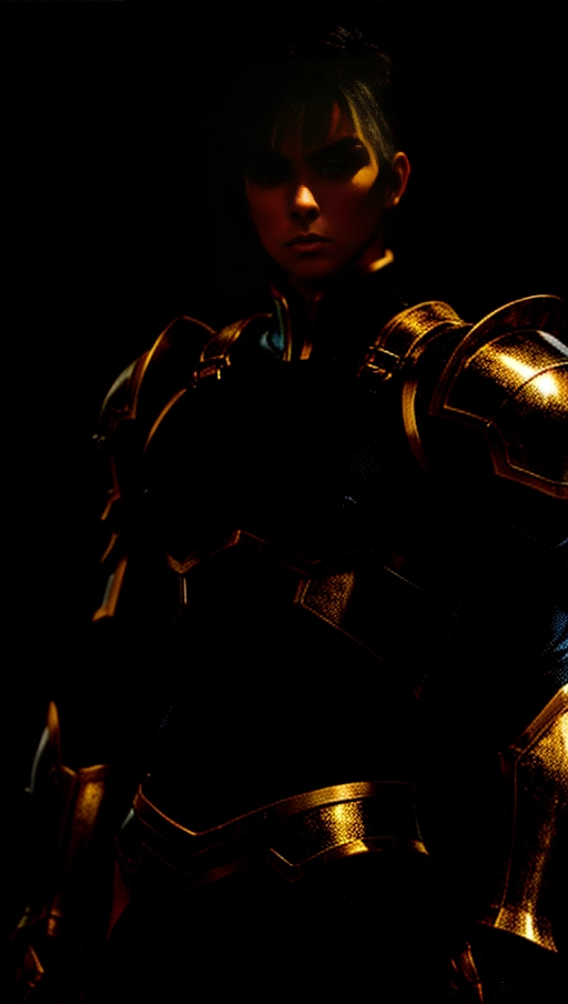 1boy, male, short hair, black hair, muscular man, tall, gold armor, black shirt, black pants, smiling, chiseled jaw, sharp jawline