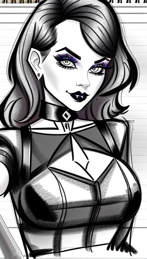 sketch of beautiful goth girl taking selfie, pencil sketch on lined paper, art, rapid pencil sketch, guide lines visible, no shading, pencil sketch of woman, pencil sketch of goth, realistic drawing, true to life, lined paper sketch,