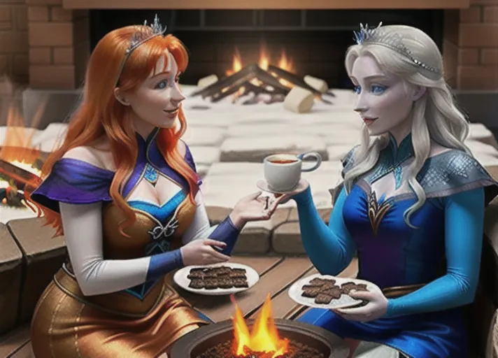 Beautiful sapphire eyed auburn haired Queen Anna of Arendelle in green enjoying a cheery light-hearted conversation with her platinum haired sister, Elsa in blue, enjoying a large mug of hot chocolate with mini marshmallows and a tray of brownies sitting by the fireplace.