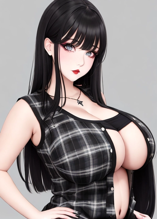 Cute girl, simple grunge makeup, pale colored eyes, black hair, bangs, big lips, realistic face, huge perky busty boobs, gigantic tits, flannel shirt, goth babe, skinny