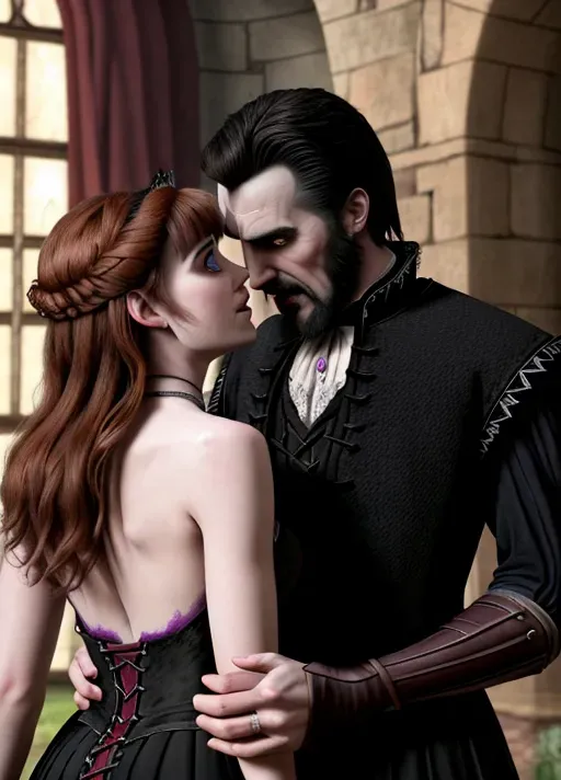 Wolves tear at Kristoff as a dark haired Van Dyke goatee bearded aristocratic Dracula takes the beautiful innocent sexy feminine features auburn haired Queen Anna of Arendelle in his arms his fangs bared his teeth on her neck to make her his new vampire bride. photorealistic.