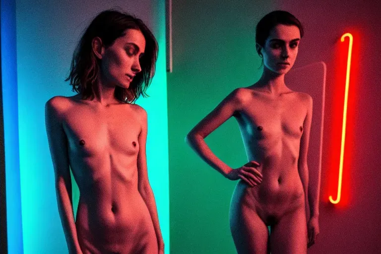 pale short, thin, moles, a cup breasts, small nipples, full body, neon lights, full body,