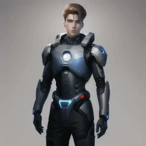 a 20yo human male tech-specialist,simple background,best quality,sci-fi,standing straight, looking at viewer,sfw,detailed eyes,high resolution